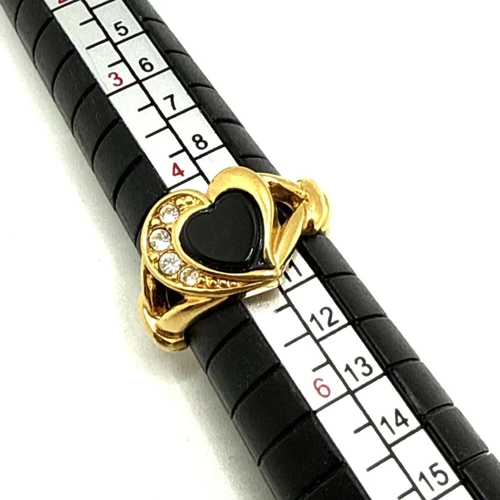 Vintage 1993 Avon Genuine Onyx Heart Ring Gold Tone Rhinestone Accent Sz 5